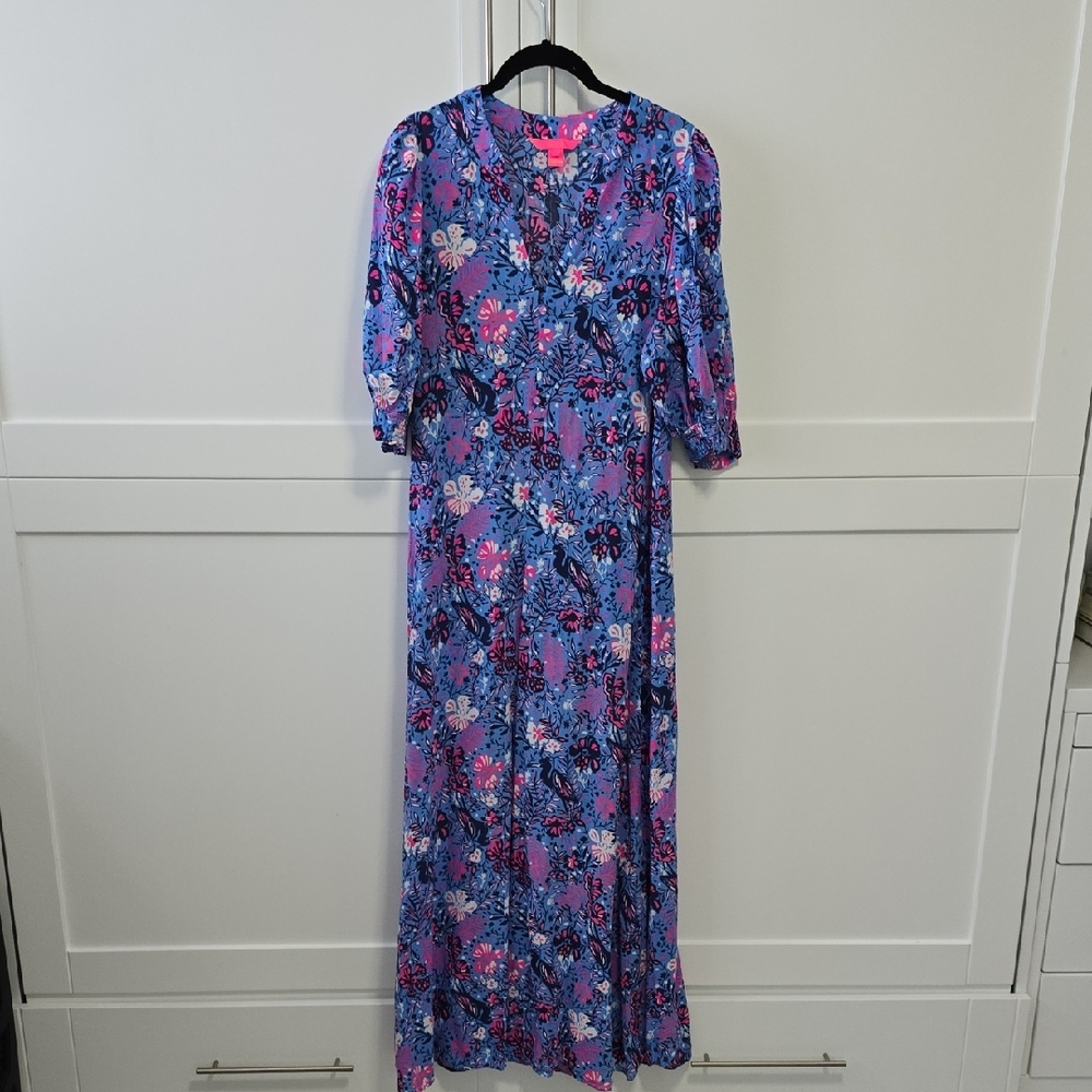 Lilly Pulitzer Vibrant Blue and Pink Floral Maxi Dress